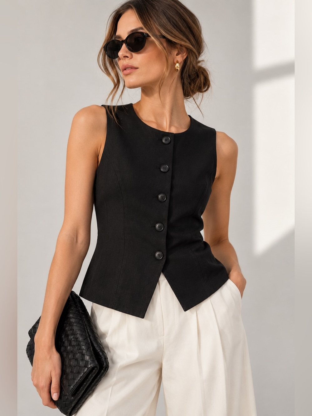 ✨ RW&CO Black Linen Blend Sleeveless Button Front Vest Top Large NWOT